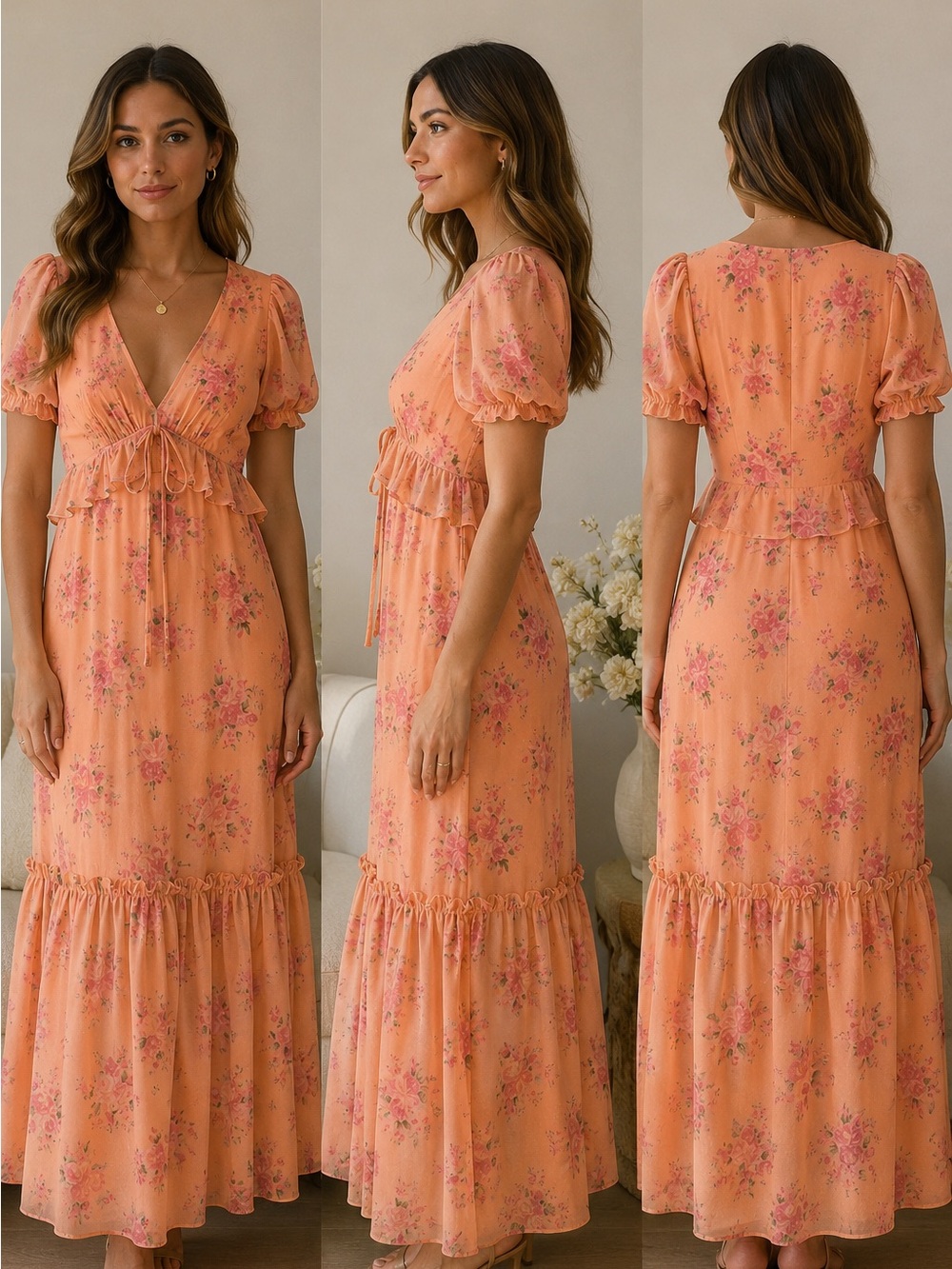 LoveShackFancy Peach Floral Puff Sleeve Maxi Dress 🌸 Romantic Cottagecore